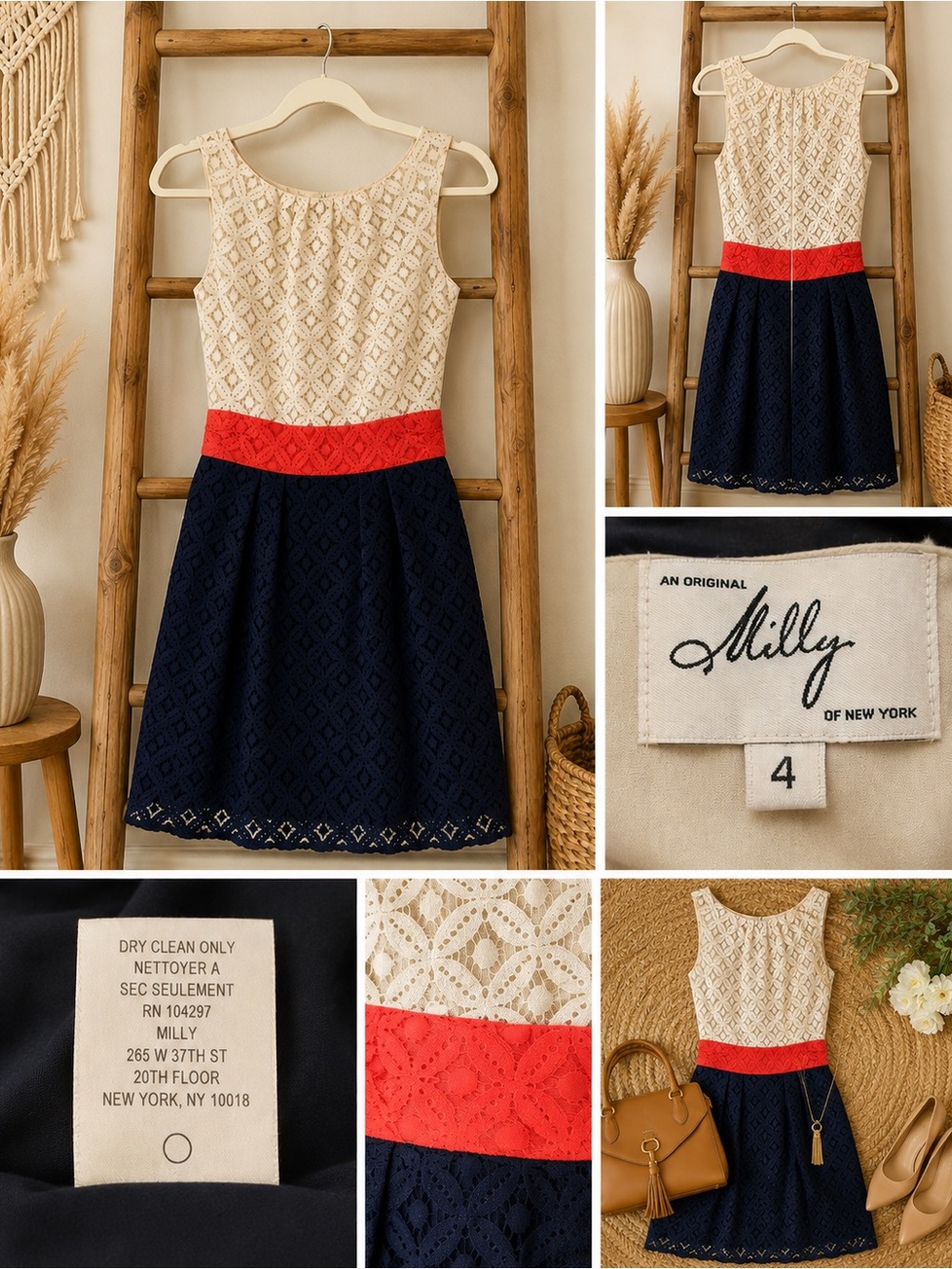 Milly Sleeveless Lace Party Dress in Cream, Red & Navy Size 4